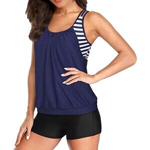 Holipick‎ Women's Plus Size 20W  Blouson Navy Blue & White Tankini Swim Top